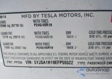 2014 Tesla Model S P85 из США, поврежденный, VIN 5YJSA1H19EFP55522